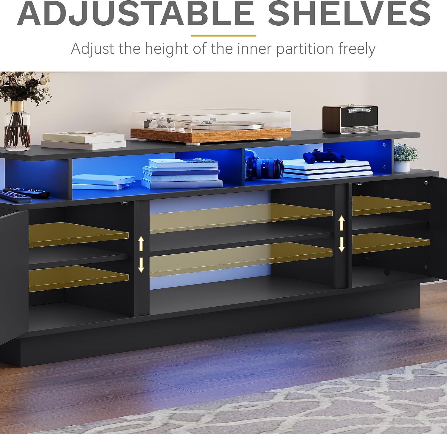 DWVO Modern TV Stand for 75 Inch TVs, Entertainment Center with LED Lights, TV Console with Storage Cabinets & Movable Partition for Living Room, Black