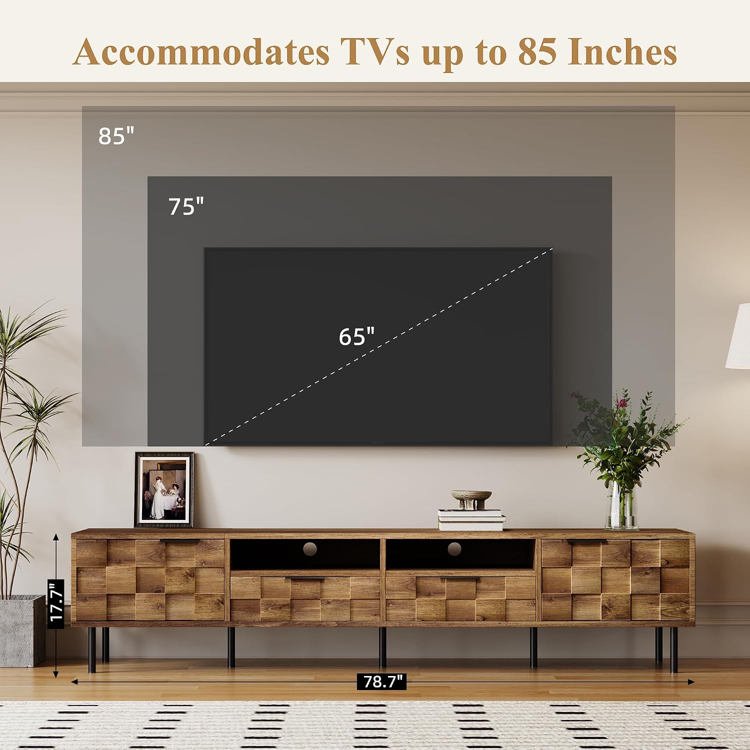 Merax 80' TV Stand for TVs Up to 85', Modern Entertainment Center with 2 Drawers, 2 Doors, and Open Space, Media Console with Unique Mosaic Front Design for Living Room