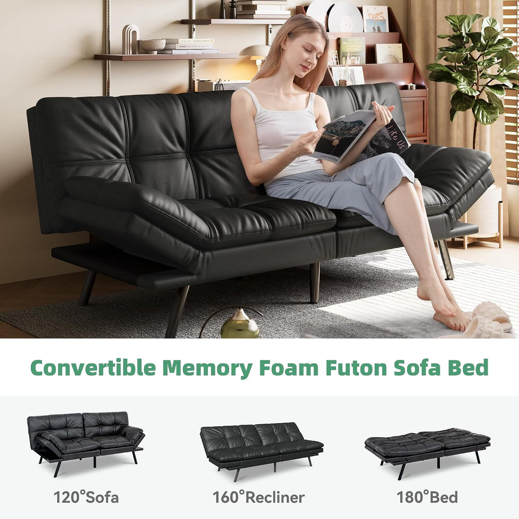 Opoiar 71' L Covertible Futon Sofa Bed,Faux Leather Futon Couch, Memory Foam Modern Loveseat Sleeper, Small Splitback Sofa Couches for Living Room,RV,Home Office,Apartment,Matte Black