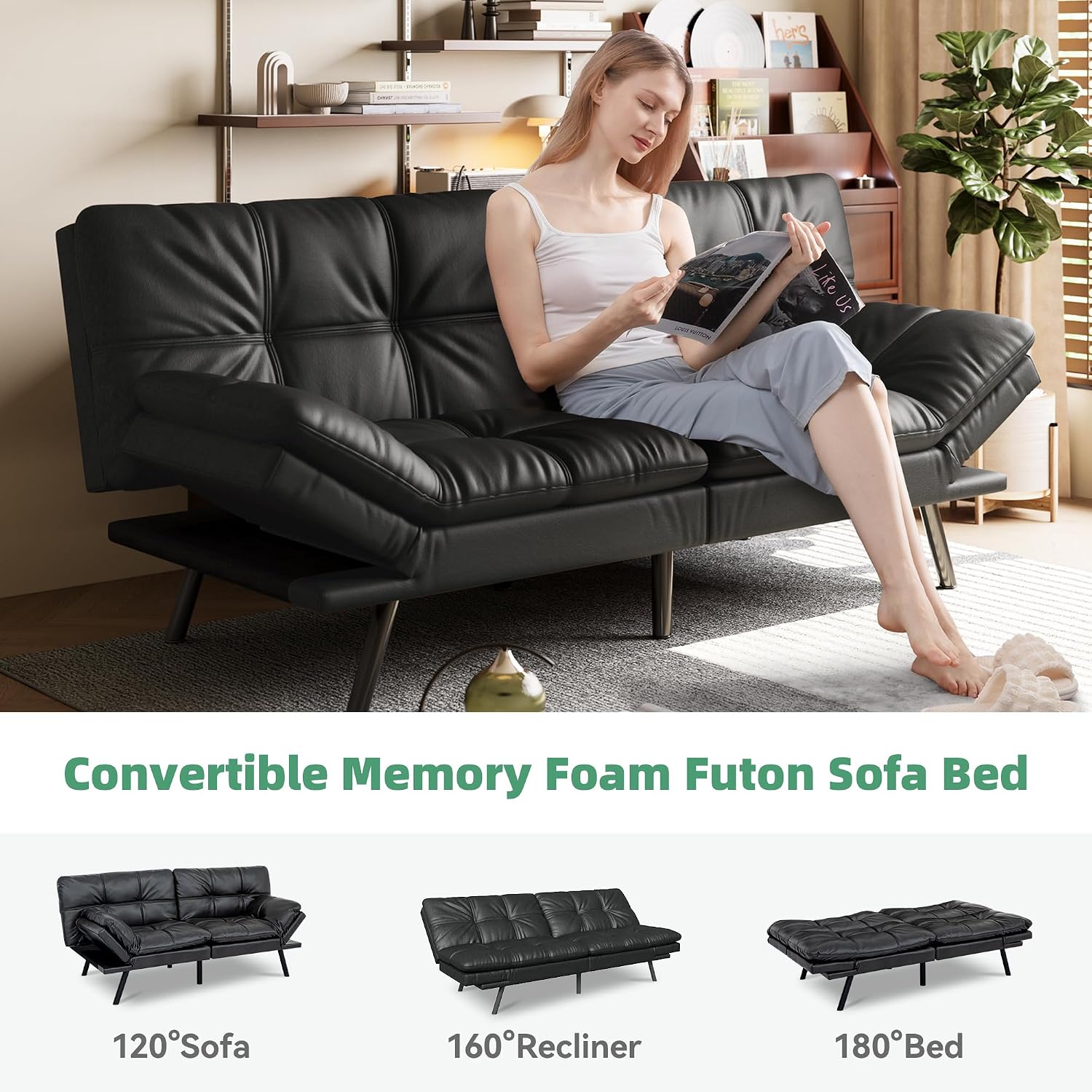 Opoiar 71' L Covertible Futon Sofa Bed,Faux Leather Futon Couch, Memory Foam Modern Loveseat Sleeper, Small Splitback Sofa Couches for Living Room,RV,Home Office,Apartment,Matte Black