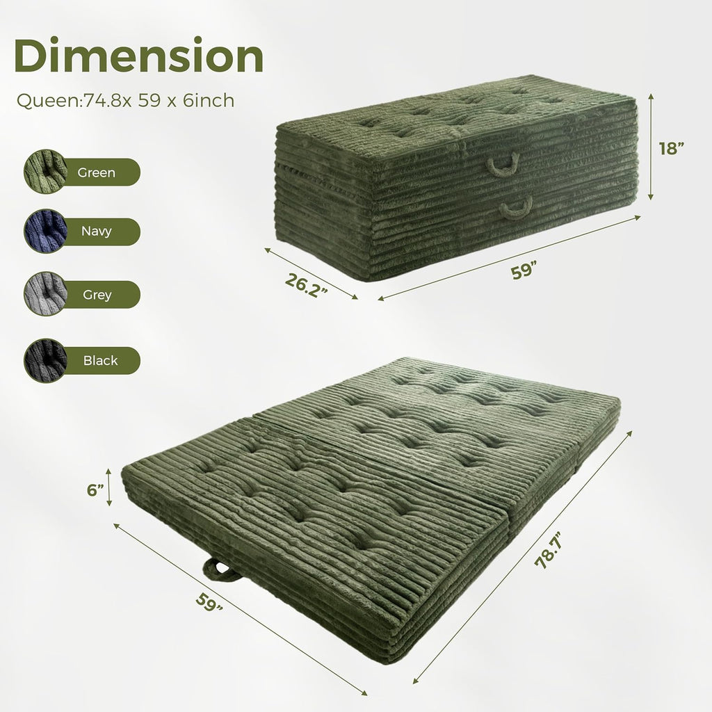 MAXYOYO Folding Sofa Couch Bed, 6 Inch Tri-Fold Floor Sofa Bed, Folding Mattress with Handles, Soft Faux Fur Folding Bed with Supportive Foam Filling, Portable Couch for Living Room, Queen, Dark Green