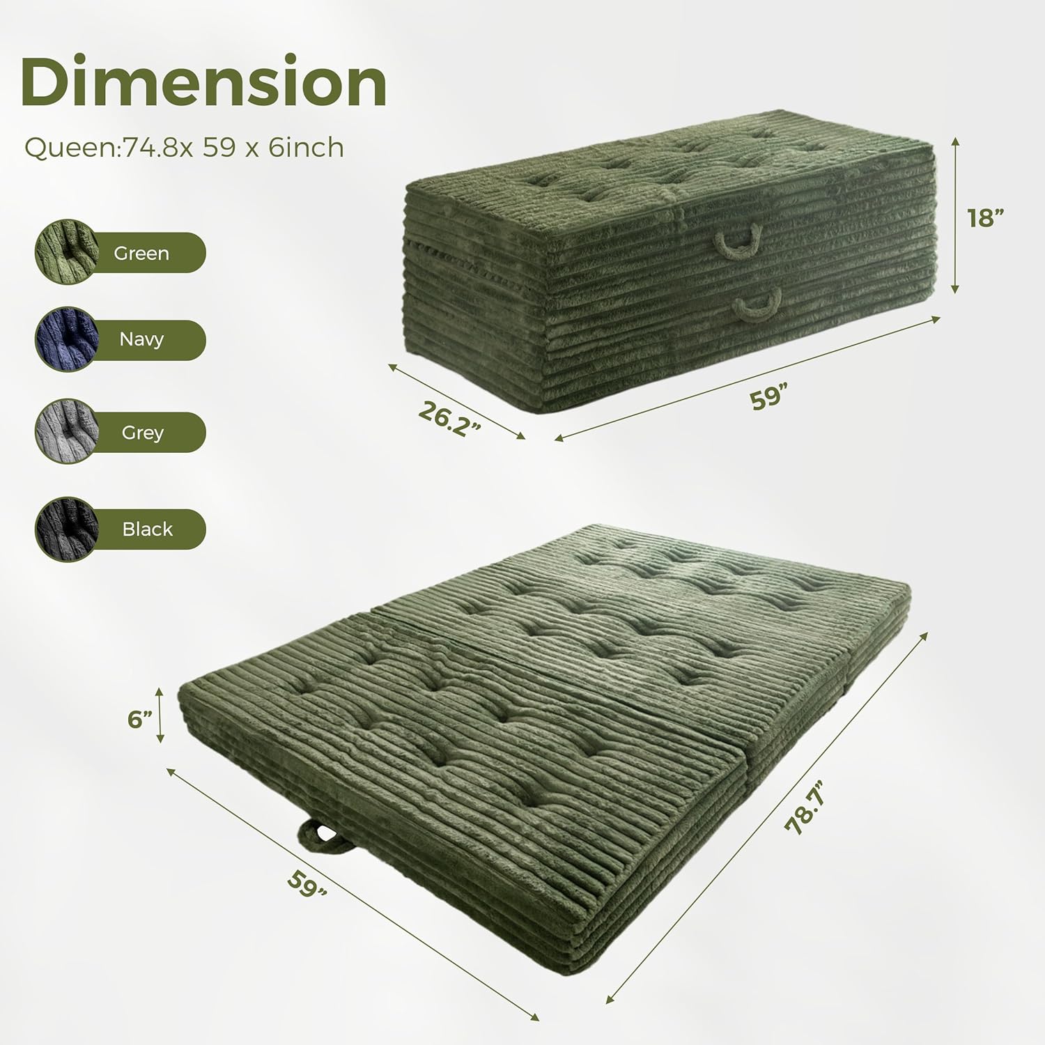 MAXYOYO Folding Sofa Couch Bed, 6 Inch Tri-Fold Floor Sofa Bed, Folding Mattress with Handles, Soft Faux Fur Folding Bed with Supportive Foam Filling, Portable Couch for Living Room, Queen, Dark Green