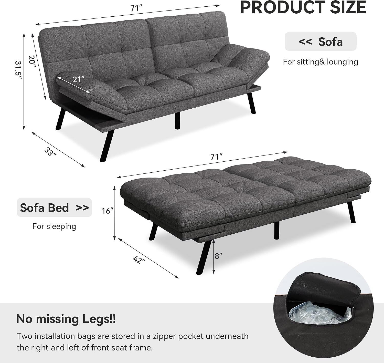 Vipbear 71' Convertible Futon Sofa Bed,Linen Fabric Futon Couch with Detachable Cushion,Adjustable Backrest & Armrest,Modern Loveseat Sleeper Recliner for Living Room,Office,Apartment,Grey