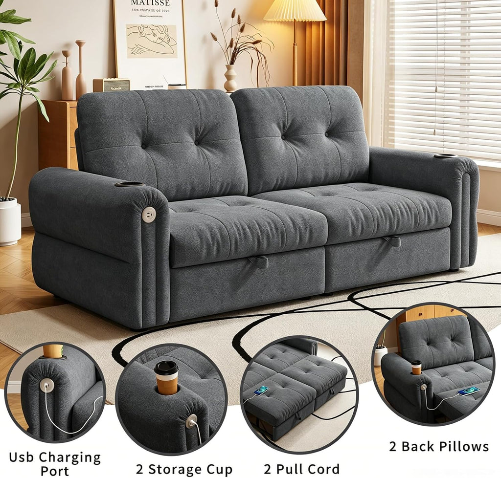 Convertible Couches, Queen Size Pull Out Sofa Bed with USB Charging Port and Cup Holders, Chenille Fabric Convertible Sofa Bed for Small Space, Living Room, Apartment, Guest Room, Dark Grey