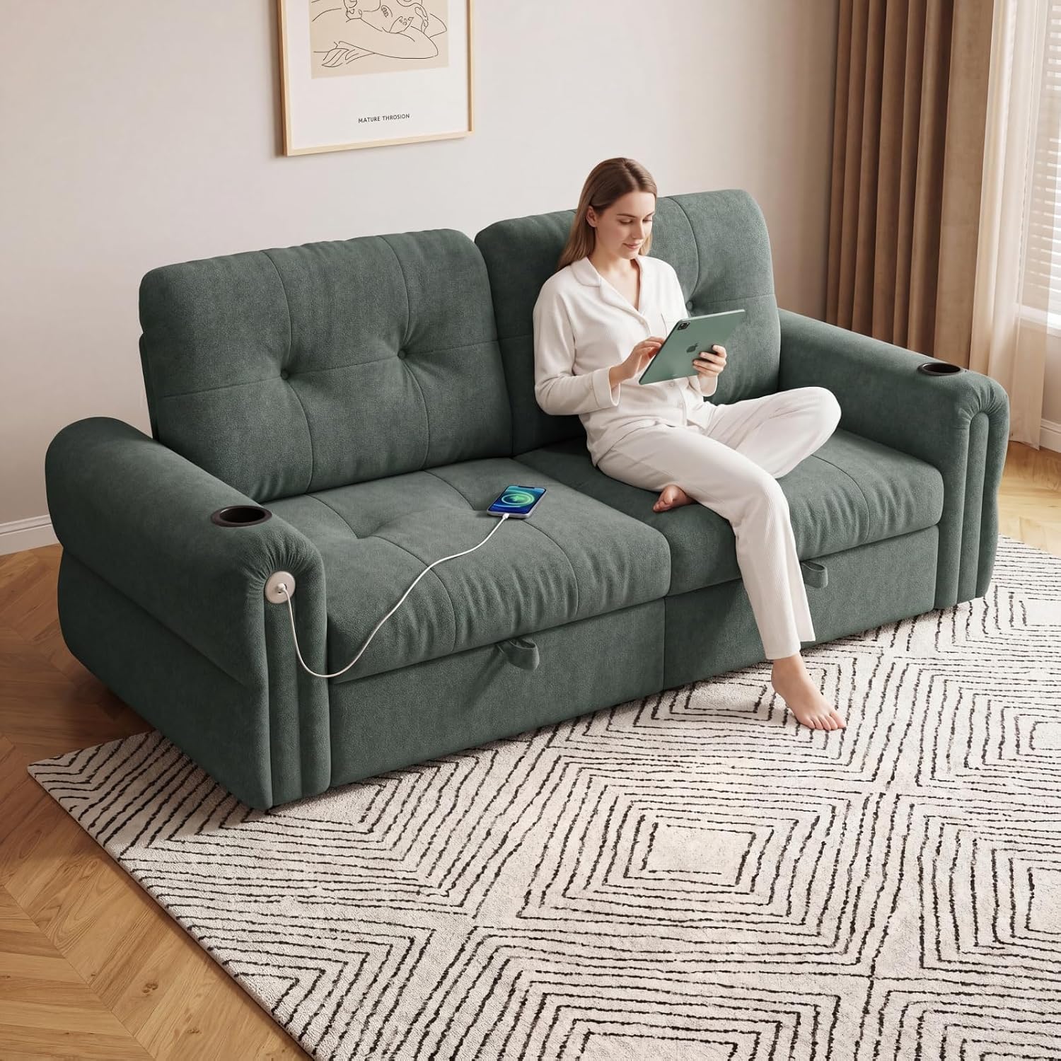Convertible Couches, Queen Size Pull Out Sofa Bed with USB Charging Port and Cup Holders, Plannelette Fabric Convertible Sofa Bed for Small Space, Living Room, Apartment, Guest Room, Green
