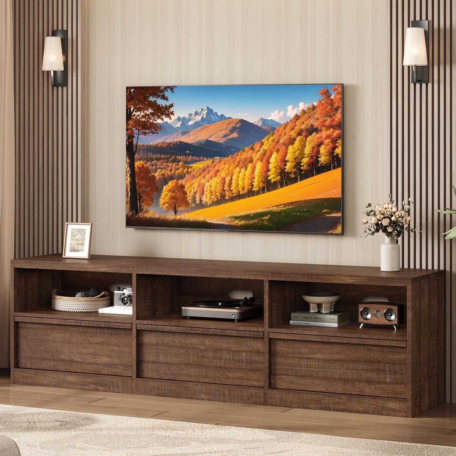 IDEALHOUSE 70 inch TV Stand for 80' TVs, Mid Century Modern Entertainment Center with Storage Drawer & Open Shelves, Wood Media Console Cabinet for Living Room/Bedroom, Vintage