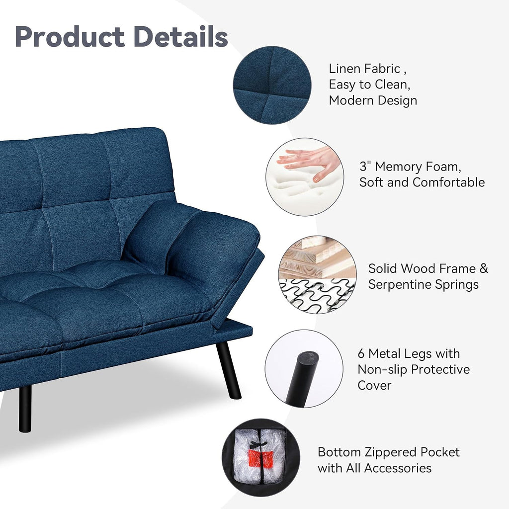 Convertible Futon Sofa Bed,71' Memory Foam Futon Couch,Detachable Cushion,Adjustable Backrest & Armrest,Linen Modern Loveseat Sleeper Recliner for Living Room,Office,Apartment,Royal Blue