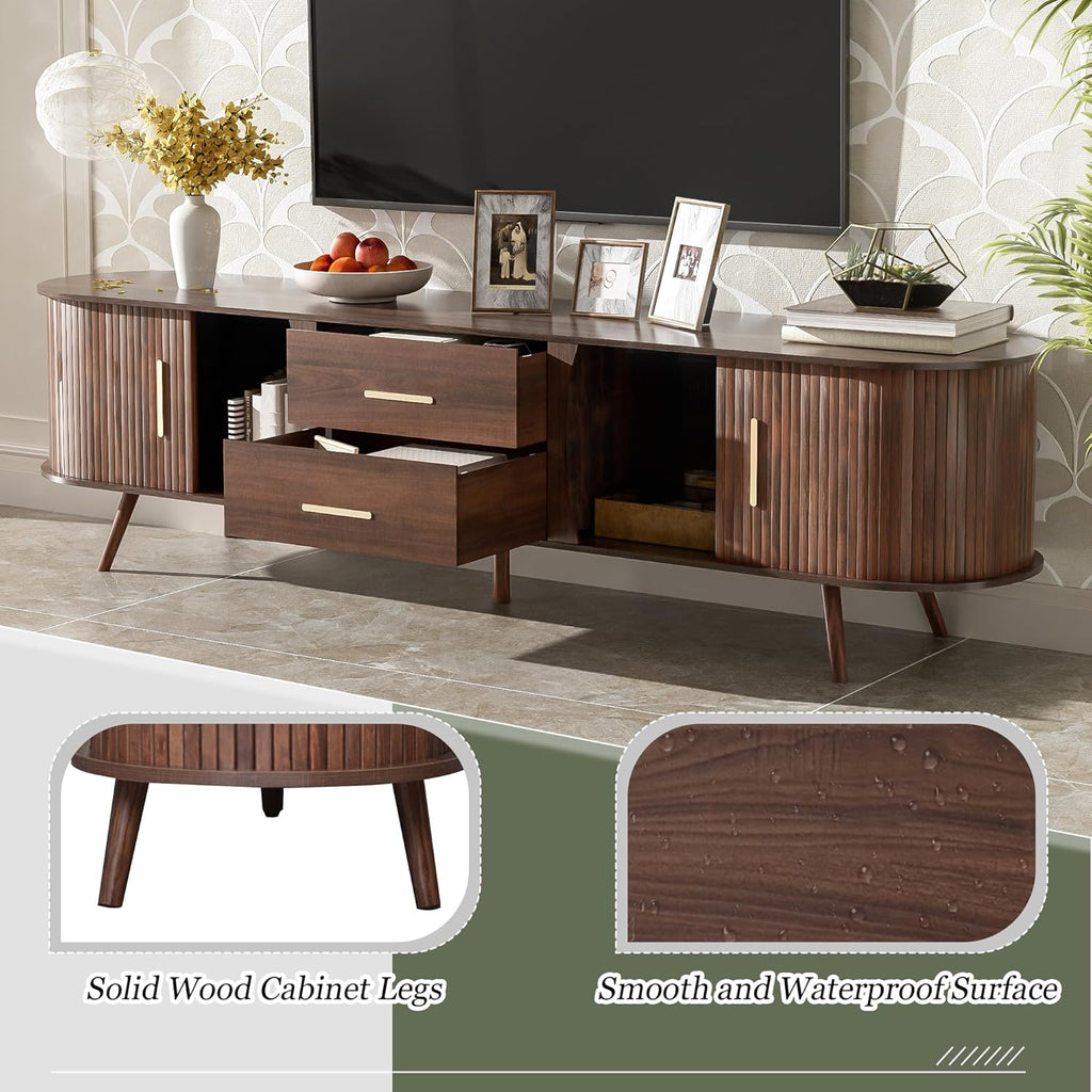 Merax 70' Fluted TV Stand for TVs Up to 80', Mid Century Entertainment Center with Sliding Tambour Doors and Drawers, Modern Curved Media Console with Storage for Living Room, Walnut