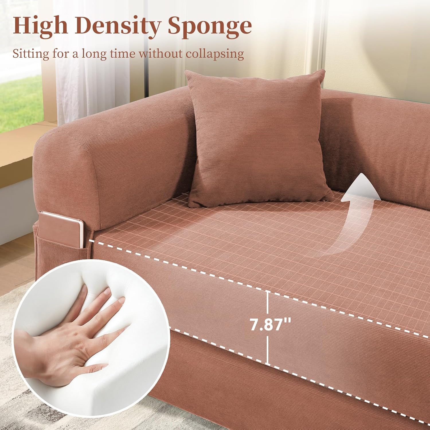 KBQ 3-Seat Convertible Sleeper Sofa Bed with 2 Pillows, Corduroy Folding Mattress Couch, Floor Sofa Lounge Couch for Living Room Bedroom Lounge Studio, Pink