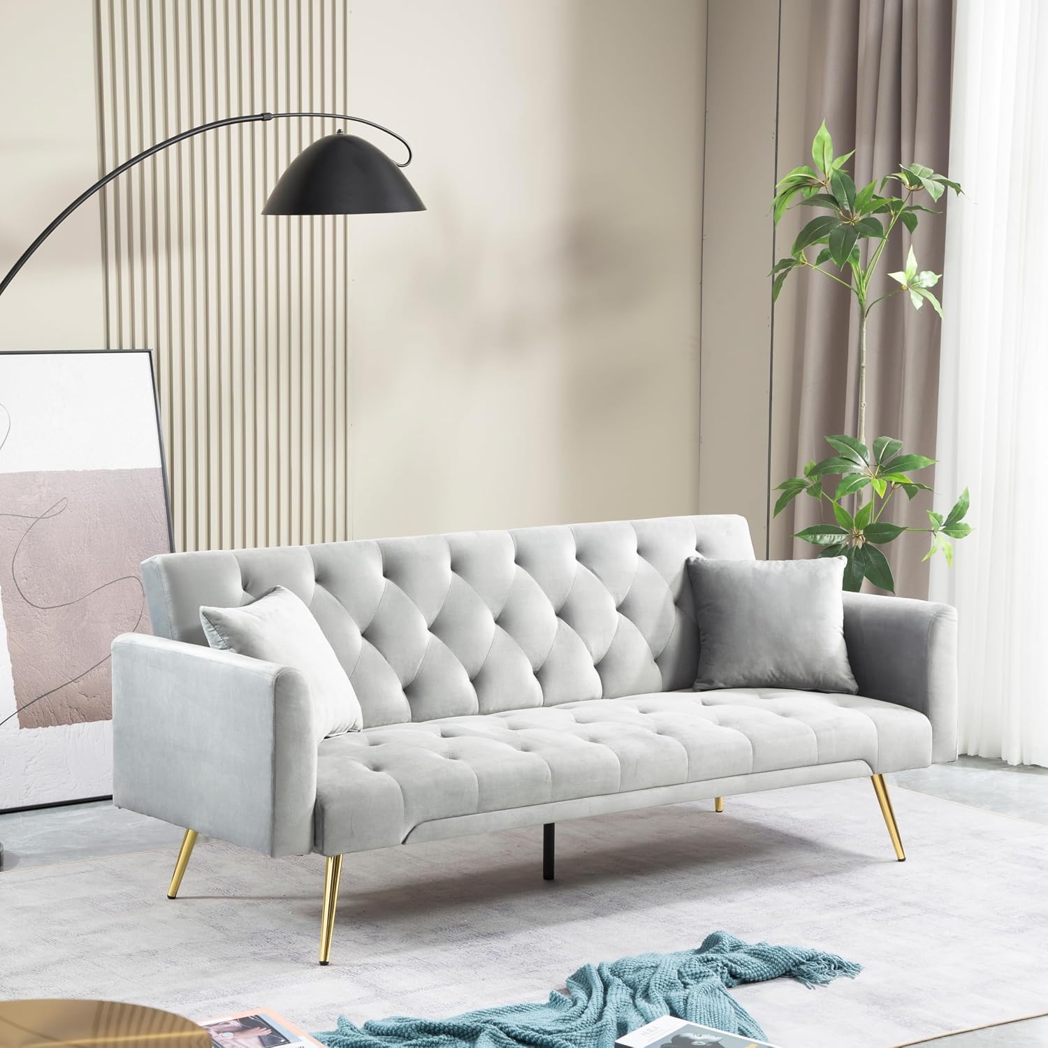 71.65'' Convertible Sofa Bed Modern Futon Set, Velvet Foldable Reclining Loveseat, Three Adjustment Angles,Mid Century Modern Couches for Living Room/Bedroom/Apartment, Easy Assembly,Grey