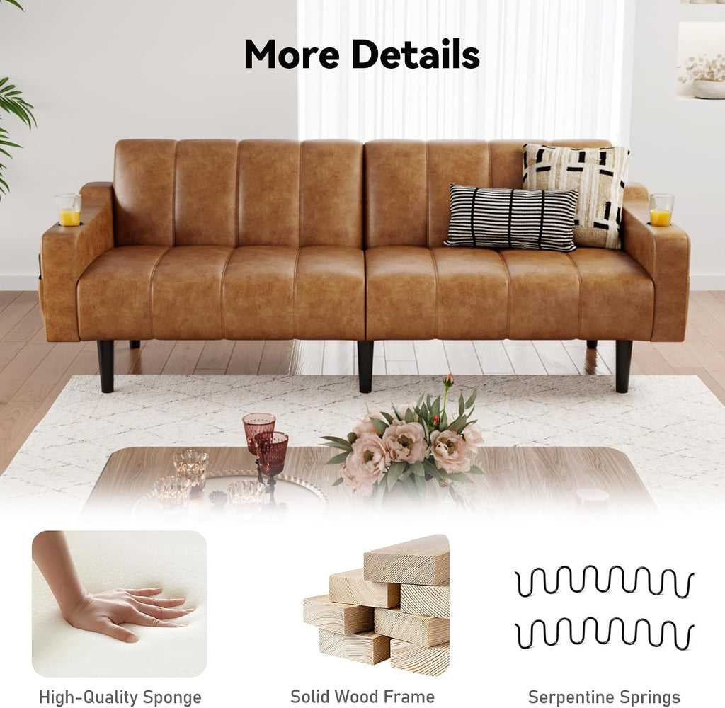 80'' Futon Sofa Bed,Faux Leather Futon Sleeper Sofa, Convertible Loveseat with Adjustable Sofa Backrest,Modern Couches for Living Room, Bedroom, Apartment, Office (Dark Brown)