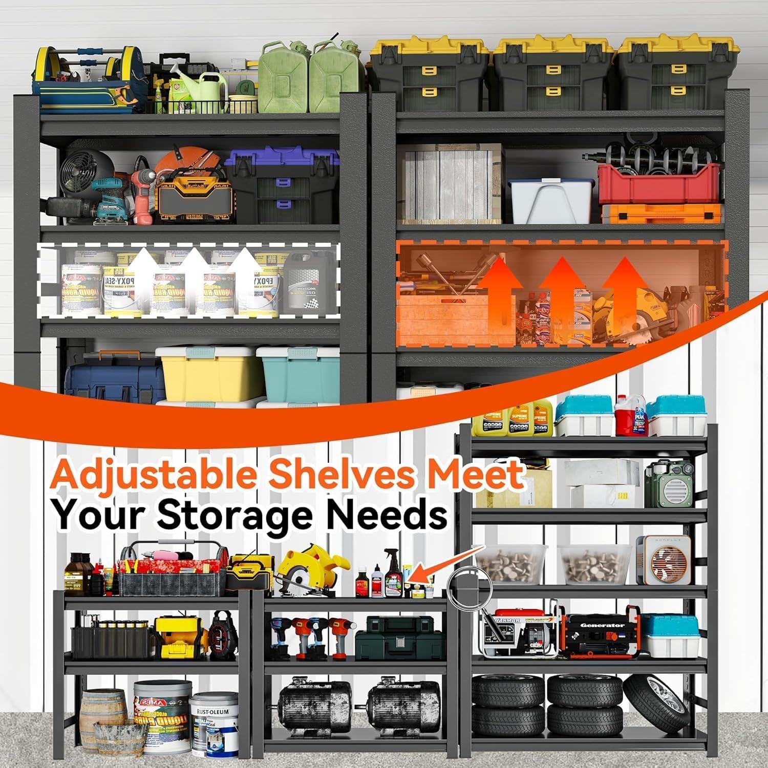 Metal Garage Shelving Unit, Heavy Duty Adjustable Storage Shelves, Steel Shelving, 3000 lbs Capacity, Industrial Shelves for Heavy Tools and Equipment, 5Tier-47.2' Wx 23.6' Dx 73.3' H