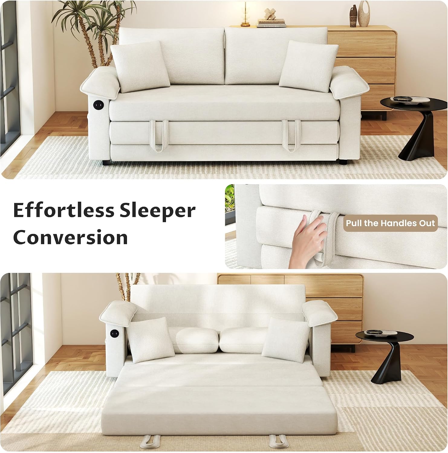 SUNWAVE 77' Sleeper Sofa Convertible Sofa Bed with USB Ports & Side Pockets, Chenille Loveseat Pull Out Couch with Full Size Sleeping Area, Folding Sofa Bed for Living Room & Small Spaces (Ivory)