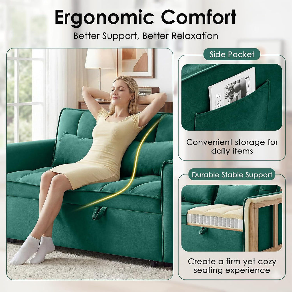 3 in 1 Convertible Sleeper Sofa Bed, 55' Pull Out Couches, Modern Loveseat Sleeper Sofa with Adjustable Reclining Backrest & Side Pockets for Living Room, Velvet Fabric, Green
