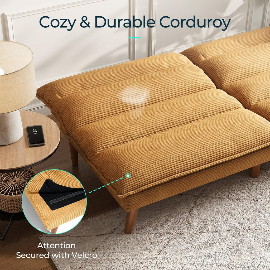LINSY Futon Sofa Bed - 71 Inch Corduroy Futon Couch with Adjustable Backrest Convertible Folding Futons Sofa Couches for Small Spaces Living Rooms Apartment Office (Yellow)