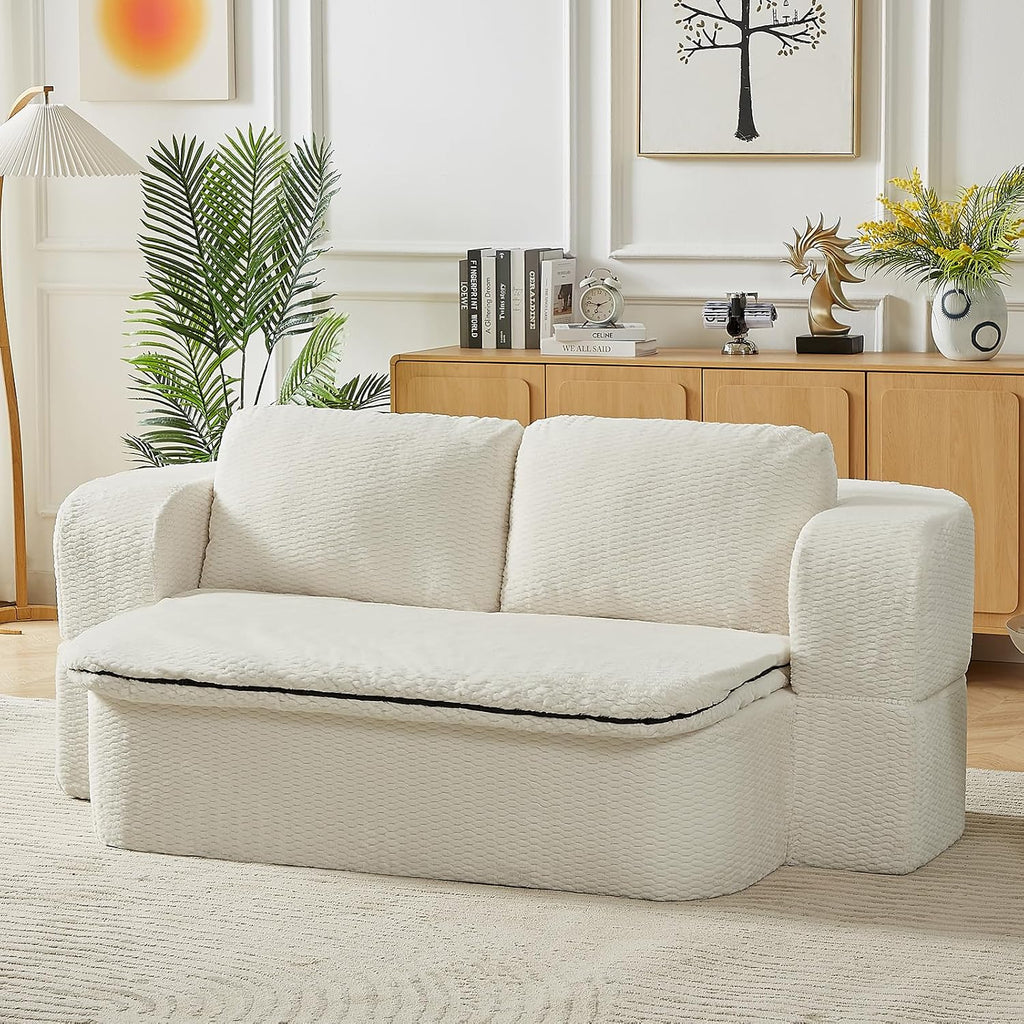 Futon Sofa Bed with Blanket, Convertible Folding Boneless Compressed Faux Fur Memory Foam Floor Loveseat Sleeper Sofa Couch Full Size Bed with Pillows for Guest Room Living Room Small Space, Beige