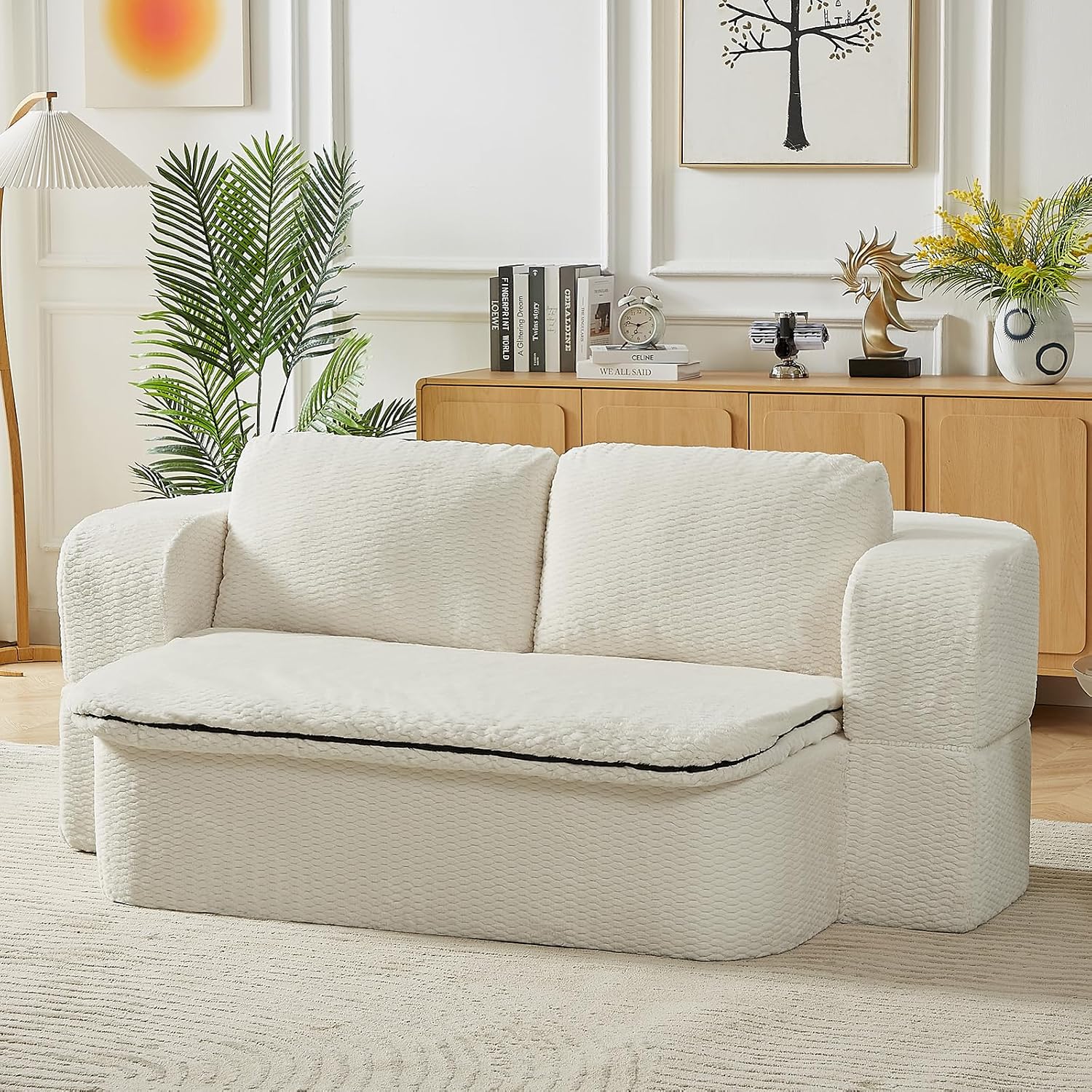 Futon Sofa Bed with Blanket, Convertible Folding Boneless Compressed Faux Fur Memory Foam Floor Loveseat Sleeper Sofa Couch Full Size Bed with Pillows for Guest Room Living Room Small Space, Beige