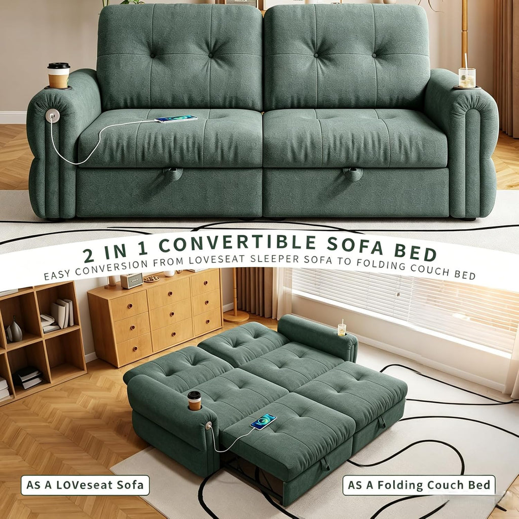 Convertible Couches, Queen Size Pull Out Sofa Bed with USB Charging Port and Cup Holders, Plannelette Fabric Convertible Sofa Bed for Small Space, Living Room, Apartment, Guest Room, Green