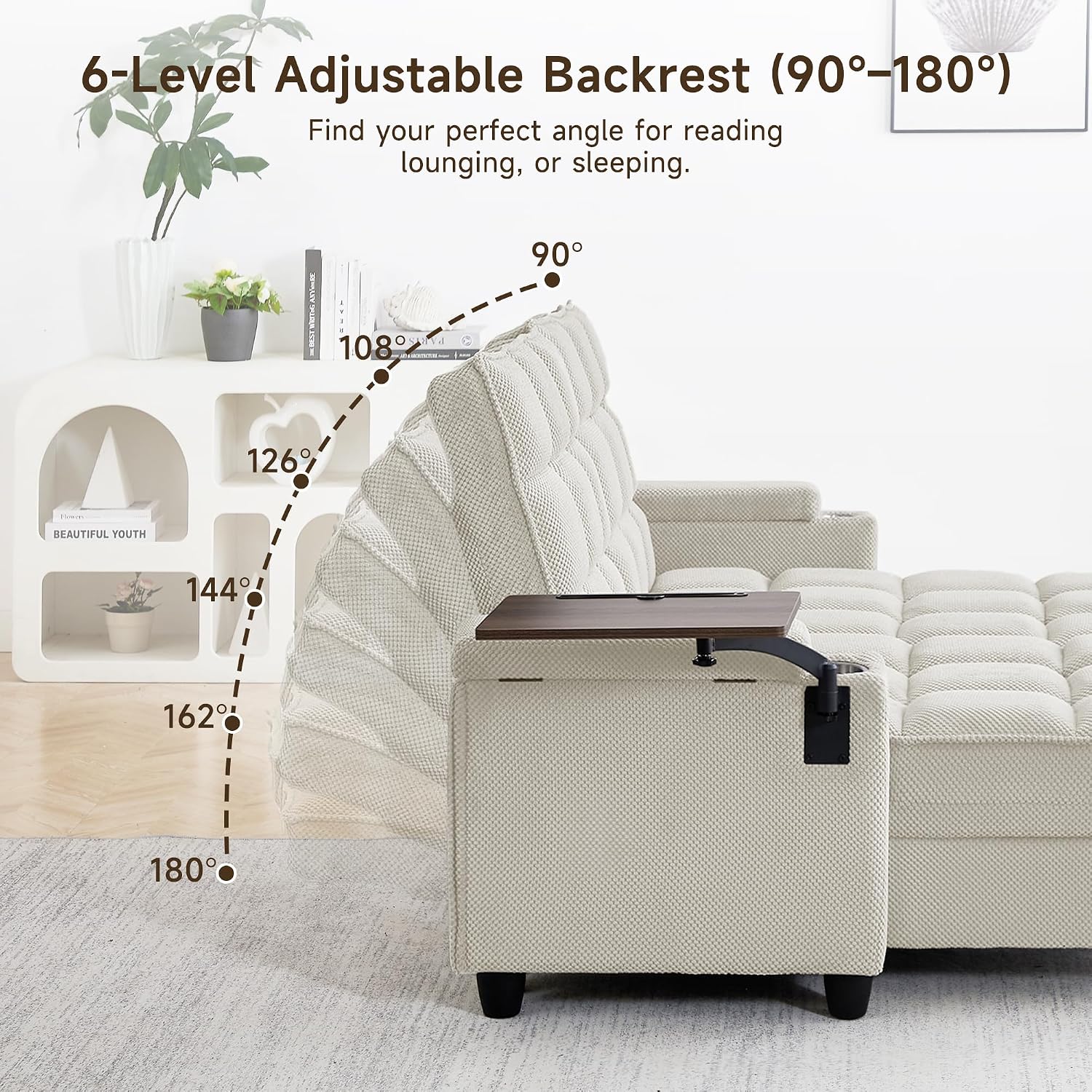 70.9' Chaise Lounge Chair Indoor, Oversized Boucle Upholstered Sofa Bed, Adjustable Backrest Deep Seat Reading Chair, Sofas Couches for Living Room with Storage, Cup Holders and 360° Swivel Side Table