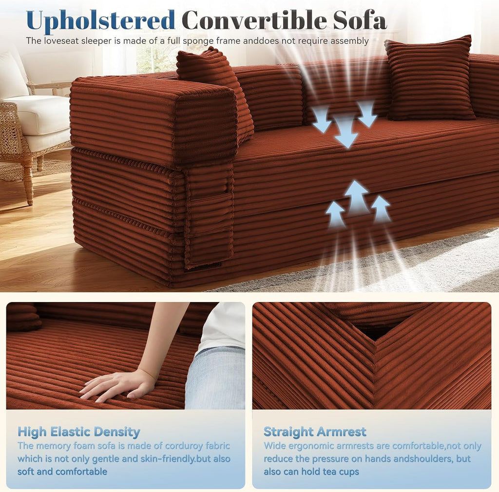 Convertible Sofa Bed,5-in-1FoldIing Couch Bed with Removable Armrests,Modular Futon Sleeper Sofa in Box with Pull Out Beds,Compression Boneless Couch for Living Room,Orange