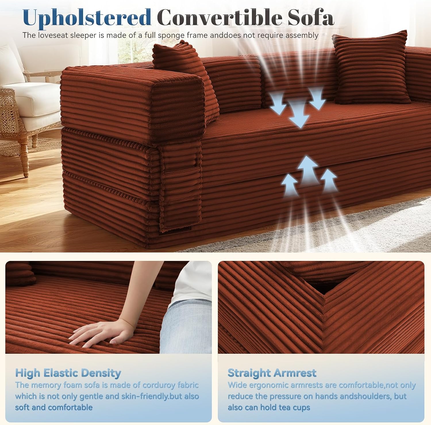 Convertible Sofa Bed,5-in-1FoldIing Couch Bed with Removable Armrests,Modular Futon Sleeper Sofa in Box with Pull Out Beds,Compression Boneless Couch for Living Room,Orange