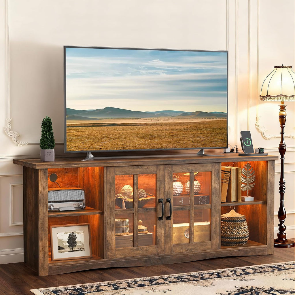 YESHOMY Farmhouse LED TV Stand with Power Outlet, for Televisions up to 65 Inches, Wood Entertainment Center with Glass Door Storage Cabinet, TV Console for Living Room, Brown