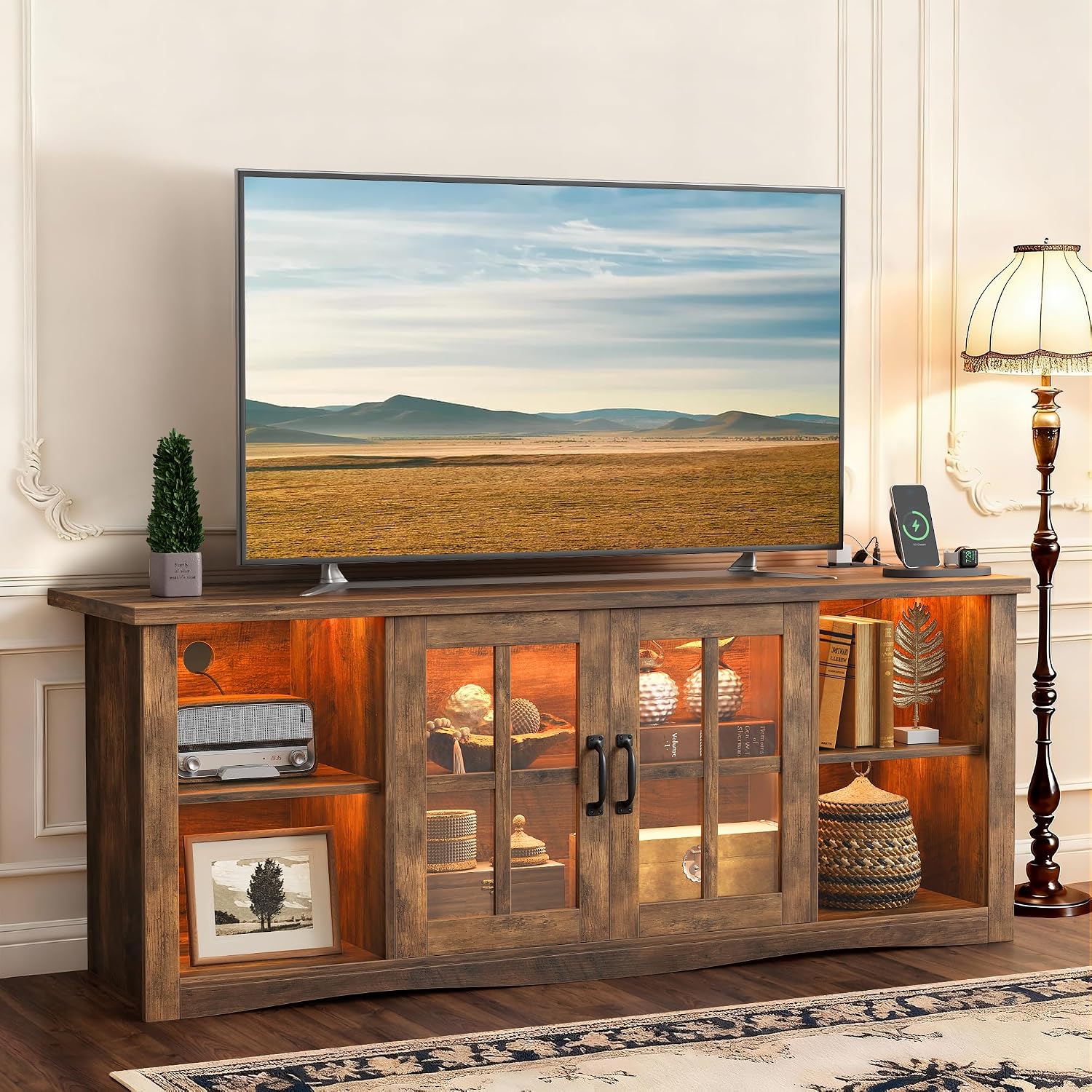 YESHOMY Farmhouse LED TV Stand with Power Outlet, for Televisions up to 65 Inches, Wood Entertainment Center with Glass Door Storage Cabinet, TV Console for Living Room, Brown