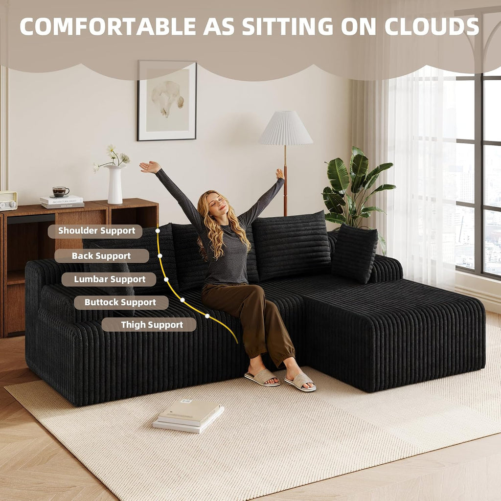 2026 New Boneless Couch, No Assembly Cloud Couch Sectional with Deep Seat & Chaise for Small Space, Upholstered Boneless Sectional Couch for Living Room, L Shaped Couch with Right Facing Chaise, Black