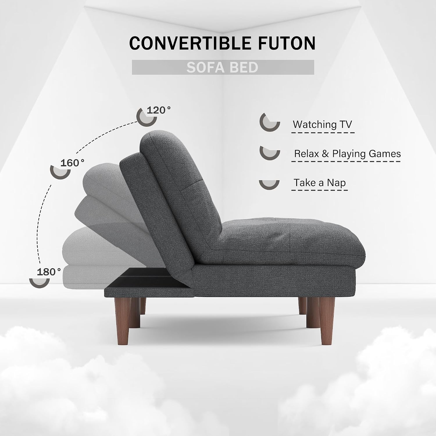 Flamaker Convertible Futon Sofa Bed Futon Couch with Adjustable Back Upholstered Sleeper Sofa Bed for Living Room Furniture (Fabric,Grey)