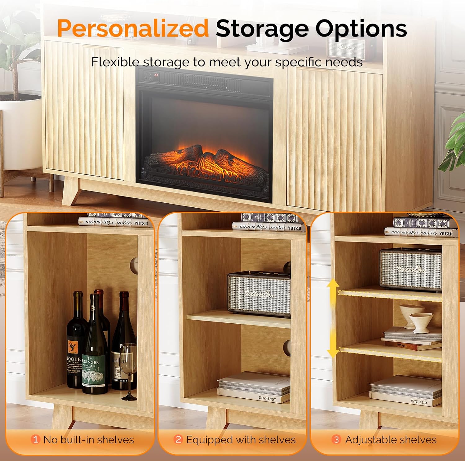 VINGLI Fluted Fireplace TV Stand for up to 70 inch TVs, Entertainment Center with Electric Fireplace Heater & Adjustable Shelves ＆ Open Cabinet, Fireplace Media Console Table for Living Room, Oak