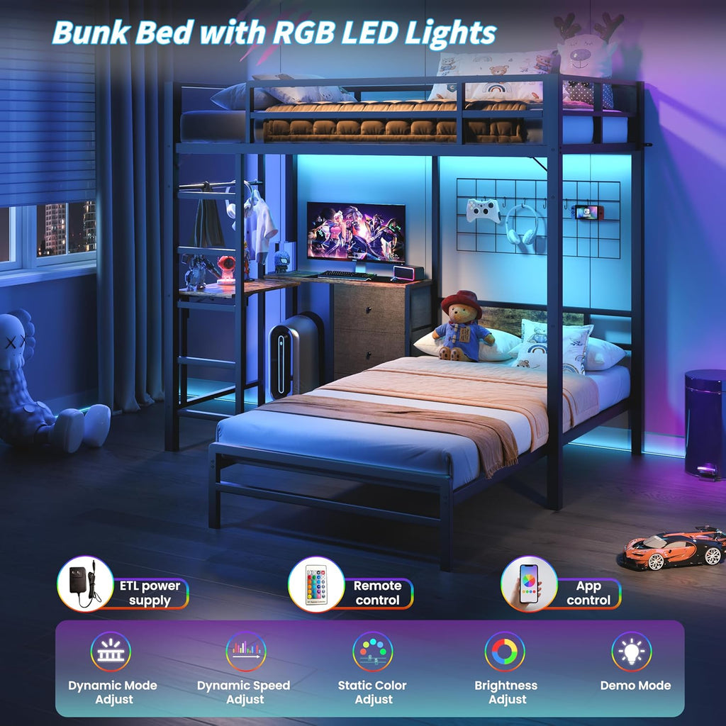 Bellemave Twin Over Twin bunk Bed with Desk and LED Charging Station, loft Bed with Desk and Shelves 3 Storage Drawers, Twin Metal Bunk Beds with Storage, Black