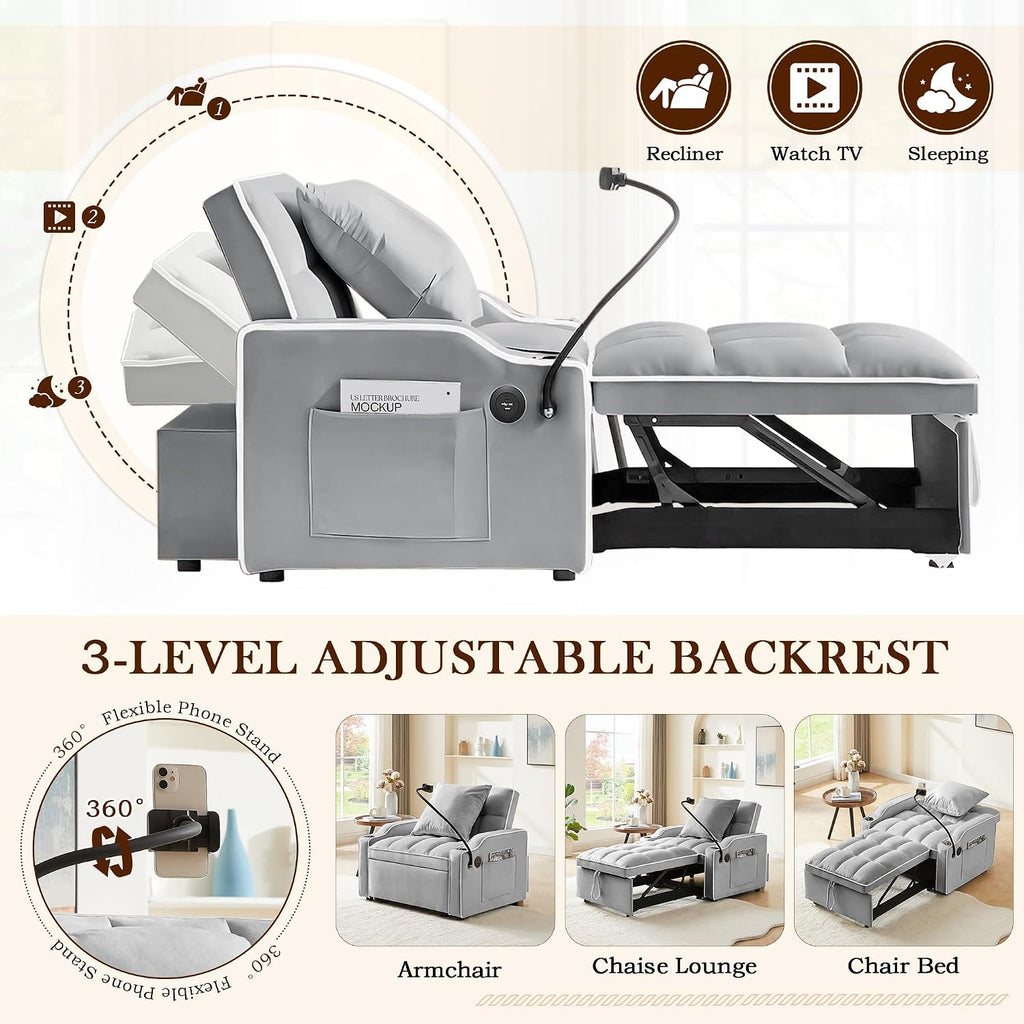 SLEERWAY 3-in-1 Convertible Futon Sofa Bed Chair, Multi-Functional Sleeper Chair Bed with Pull Out Couch and Adjustable Backrest, Modern Velvet Chaise Lounge Armchair for Living Room Bedroom, Grey