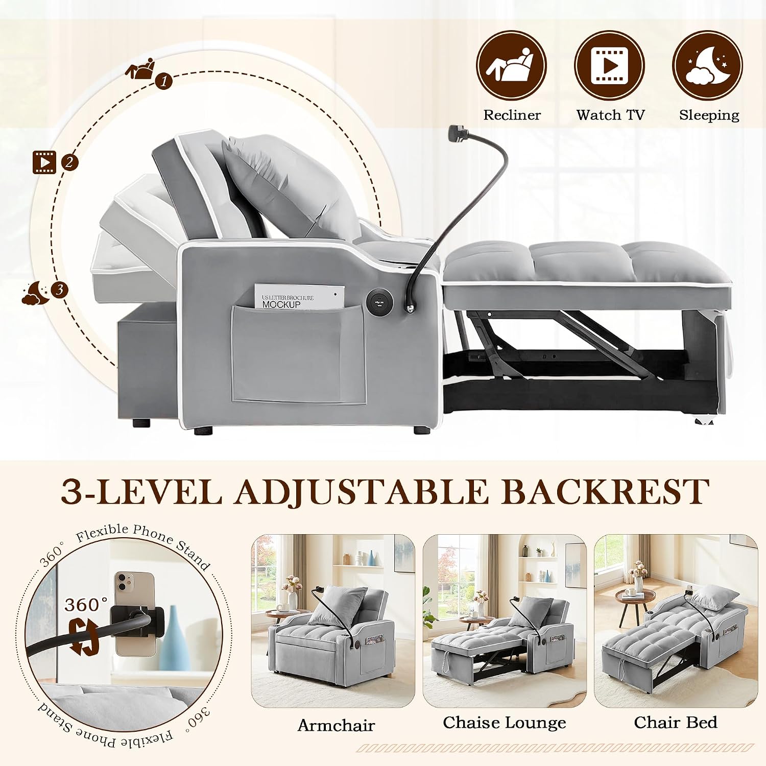 SLEERWAY 3-in-1 Convertible Futon Sofa Bed Chair, Multi-Functional Sleeper Chair Bed with Pull Out Couch and Adjustable Backrest, Modern Velvet Chaise Lounge Armchair for Living Room Bedroom, Grey