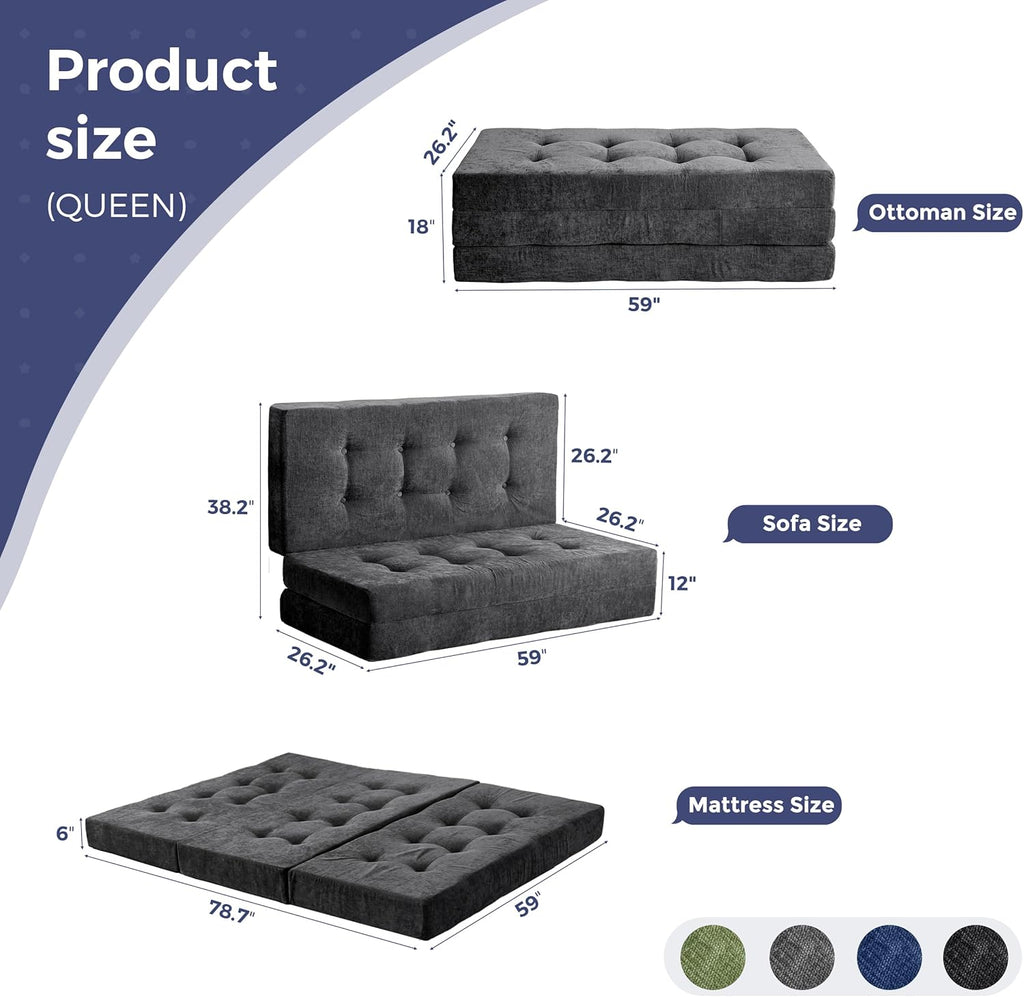 MAXYOYO 6' Folding Sofa Bed for Floor, Tufted Tri-Fold Floor Mattress with Chenille Fabric, Queen Size Portable Sofa Couch Guest Mat for Adults, Foldable Topper for Camping, Dark Grey, 59'x78.7'