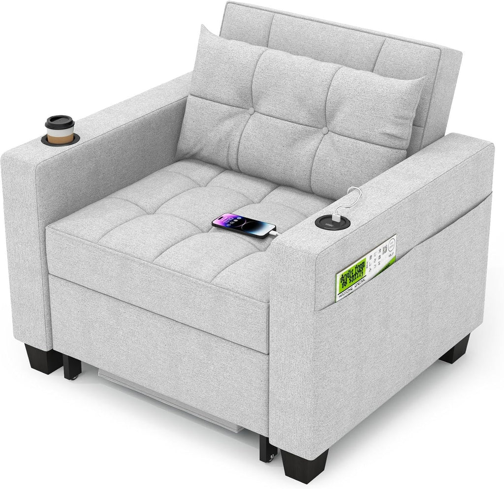 DURASPACE 36.6' Futon Chair Bed Convertible Chair 3-in-1 Pull Out Sleeper Reading Chair Beds with USB, Armchair Sleeper Bed for Living Room, Dorm, Small Space (Light Gray Linen)