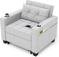 DURASPACE 36.6' Futon Chair Bed Convertible Chair 3-in-1 Pull Out Sleeper Reading Chair Beds with USB, Armchair Sleeper Bed for Living Room, Dorm, Small Space (Light Gray Linen)