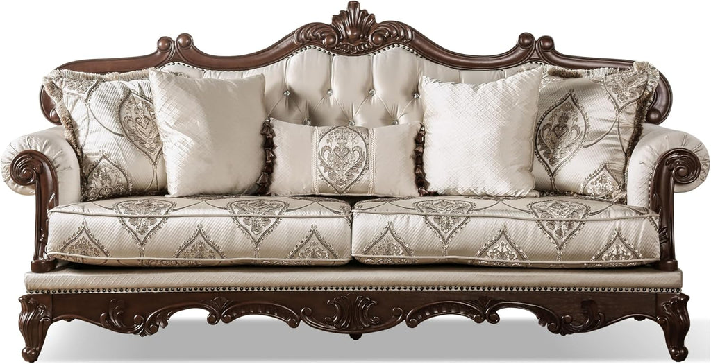 Furniture of America Adelaide Traditional Upholstered Sofa Set with Rolled Armrests, Wooden Loveseat and Comfortable Couch for Living Room, Office, 2-Piece Set, Dark Cherry/Beige