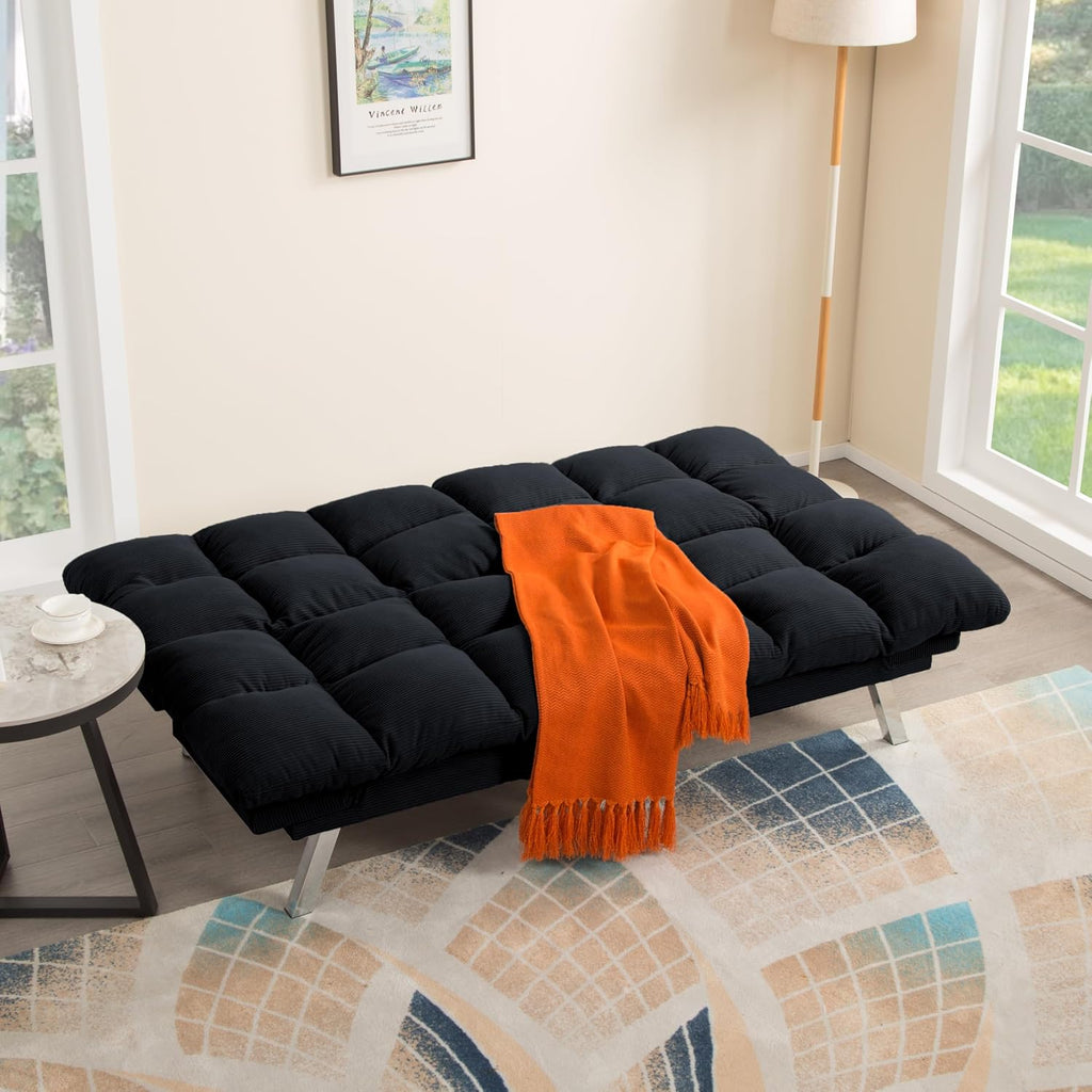 Black Modern Corduroy Convertible Folding Futon Couch Sofa Bed，Armless Cloud Double Loveseat Sofa Adjustable Backrest for Compact Living Dorm Game Studio Apartment Bedroom