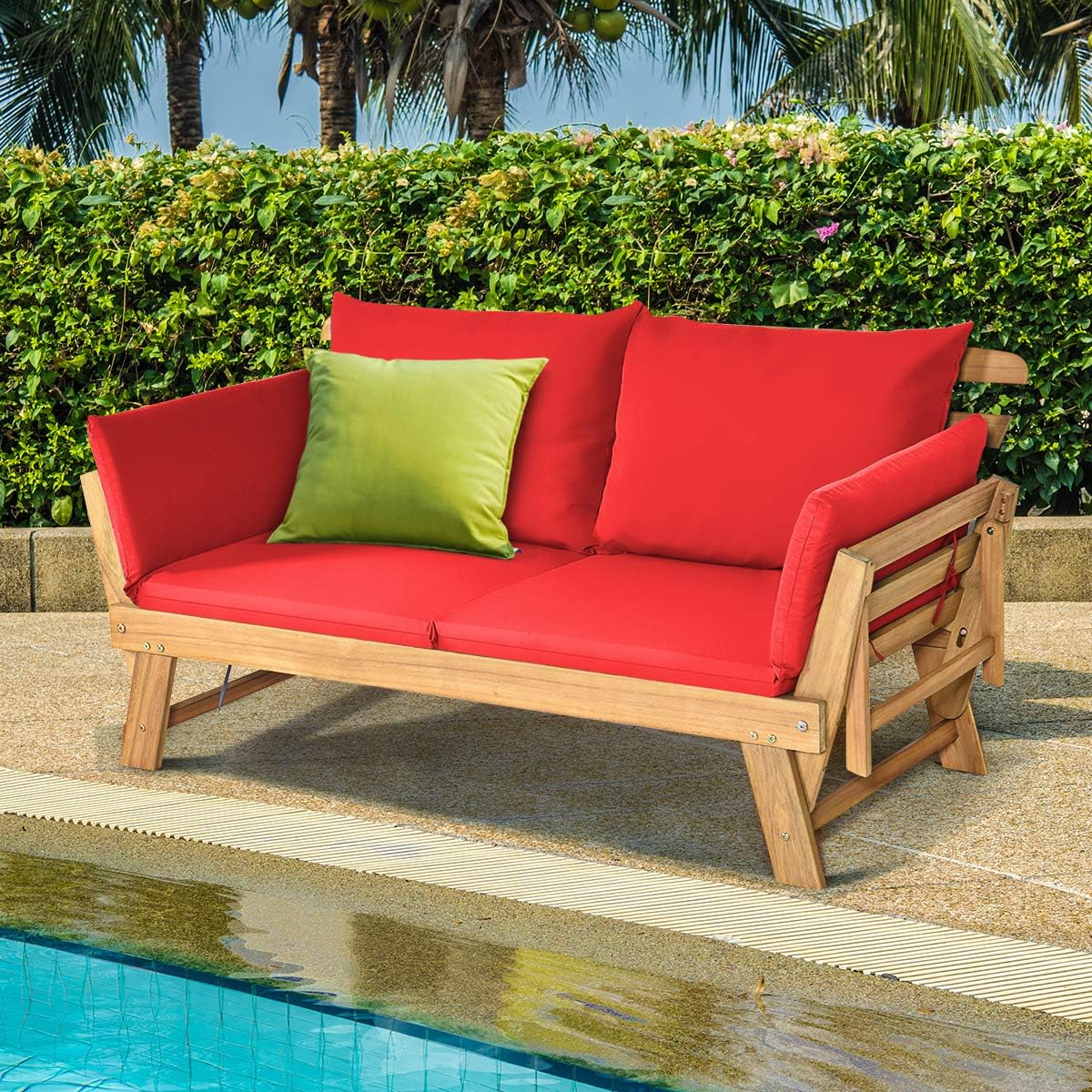 Tangkula Convertible Acacia Wood Patio Couch Sofa Bed with Adjustable Armrest, Outdoor Daybed with Cushion & Pillows, Outside Folding Futon Sofa Couch Bench for Porch, Courtyard, Poolside & Garden
