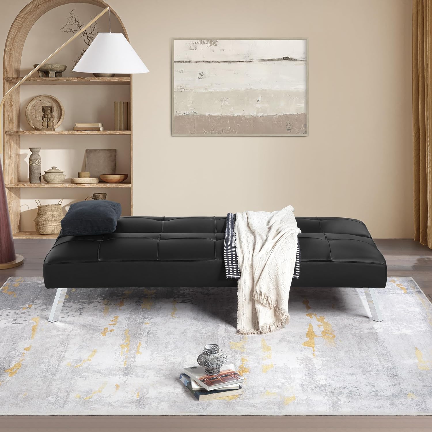 OSP Home Furnishings Kenneth Modern Button Tufted Convertible Click-Clack Futon Sofa Bed, Black Faux Leather with Chrome Legs