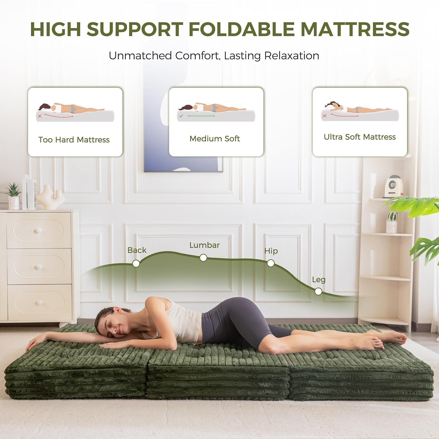 MAXYOYO Folding Sofa Couch Bed, 6 Inch Tri-Fold Floor Sofa Bed, Folding Mattress with Handles, Soft Faux Fur Folding Bed with Supportive Foam Filling, Portable Couch for Living Room, Twin, Dark Green