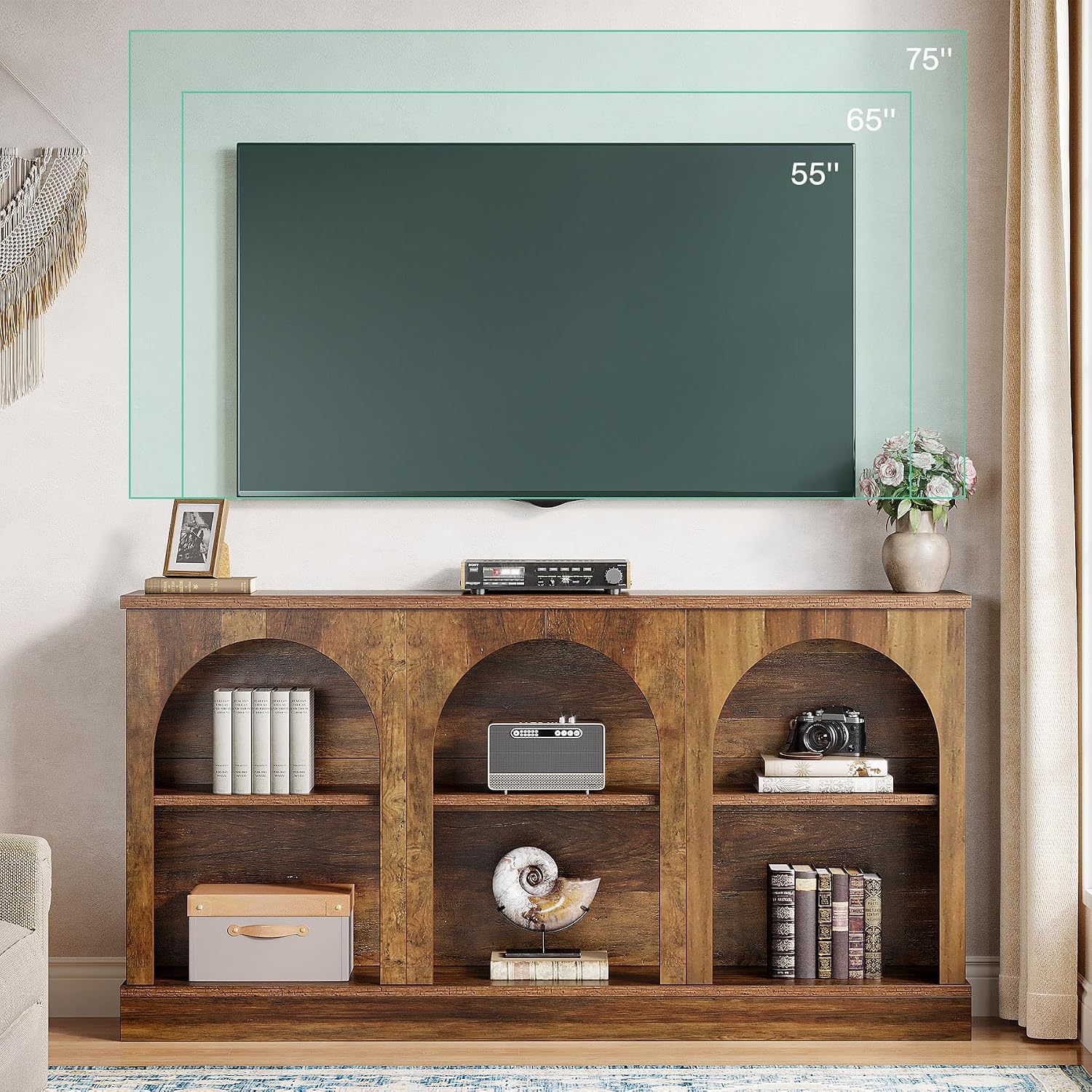 Tribesigns TV Consoles for Living Room, Television Stand for 55/60/65 Inch TV, Farmhouse Media Entertainment Center Stand with Storage Cabinets, Rustic Brown