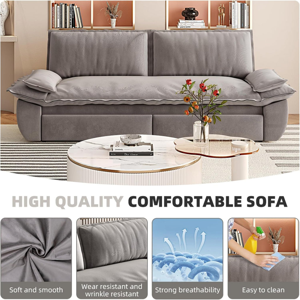 3 in 1 Convertible Queen Sleeper Sofa Bed Comfy Pull Out Futon Couch Bed 73.2' Modern Velvet Recliner Loveseat Sofa Multi-Functional Grey Cloud Couch for Living Room,Apartment,Office (Grey 73.2')