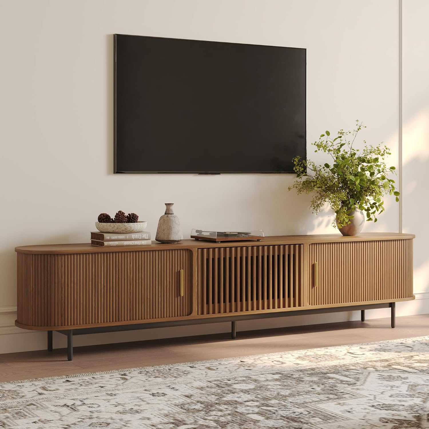 POVISON Fully-Assembled Mid Century Modern TV Stand for 75+ inch TV, Sliding Door Entertainment Center with Storage, Wood TV Console, Media Console for Living Room Bedroom(Walnut, 94.49')