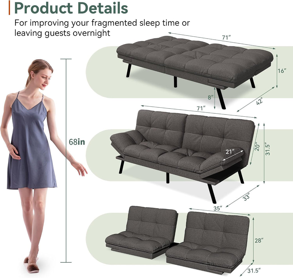 Opoiar Convertible Futon Sofa Bed,71' Memory Foam Futon Couch,Detachable Cushion,Adjustable Backrest & Armrest,Linen Modern Loveseat Sleeper Recliner for Living Room,Office,Apartment,Classic Grey