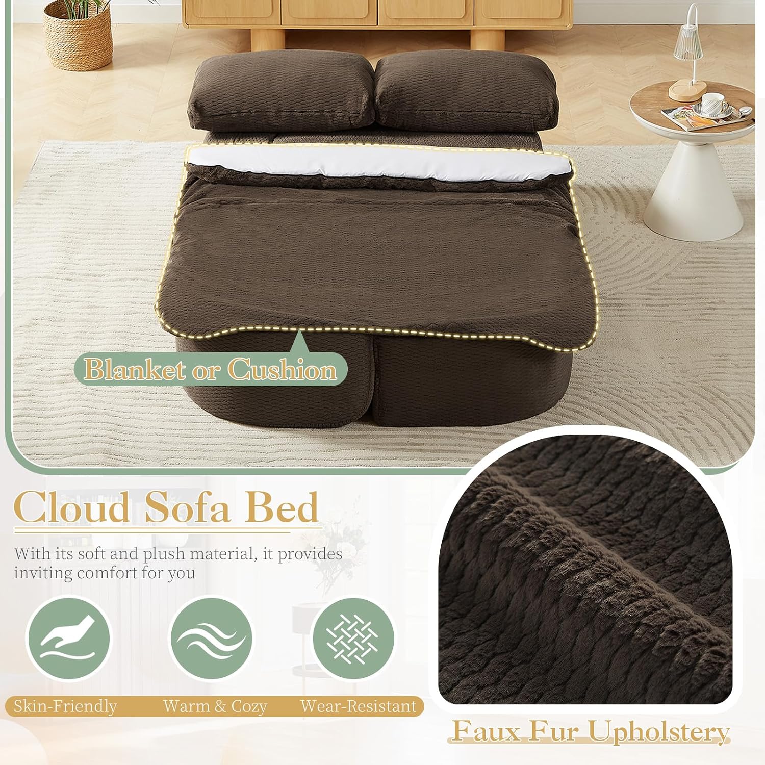 Futon Sofa Bed with Blanket, Convertible Folding Boneless Compressed Faux Fur Memory Foam Floor Loveseat Sleeper Sofa Couch Full Size Bed with Pillows for Guest Room Living Room Small Space, Brown