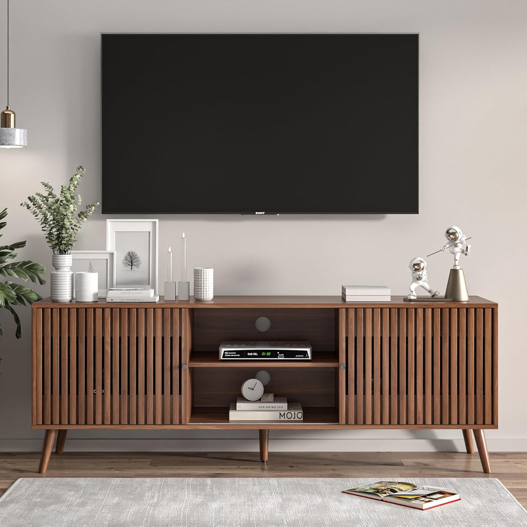 Oubayajia Mid Century Modern TV Stand for Televisions up to 70 Inches, with Sliding Doors and Storage, Television Stands, TV Consoles, Media Consoles for Living Room, 63 Inch (Walnut)