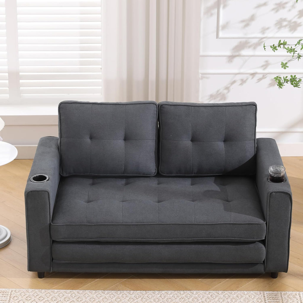Merax Futon Sofa Bed, 3 in 1 Convertible Loveseat Sleeper with Pull Out Bed, Foldable Tufted Sofa Bed Couch W/Cup Holder and Side Pockets, for Living Room, Bedroom, Office, Dark Gray