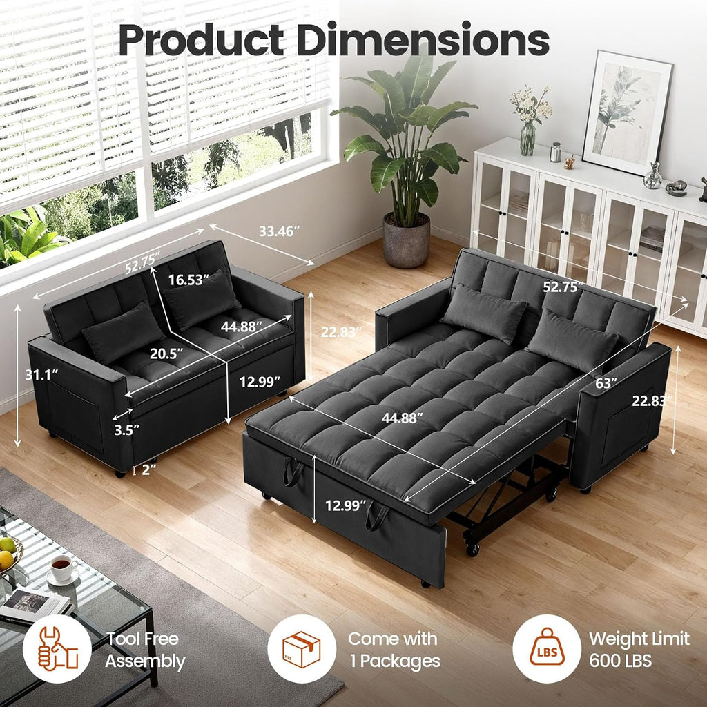 3 in 1 Sofa Bed, Loveseat Sleeper Sofa Bed with Side Pockets, Velvet Fabric Pull Out Couch with Adjustable Backrest for Living Room, Bedroom, Apartment, Black