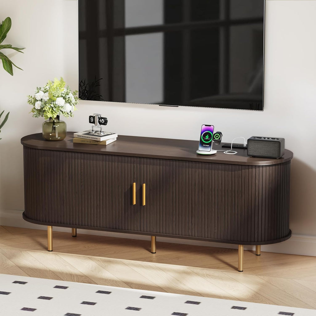 DHH 55 Inch Mid Century Modern TV Stand with Power Outlet for TVs up to 60 Inch, Entertainment Center with Storage and Adjustable Shelves, Media Console with Sliding Doors for Living Room(Dark Walnut)